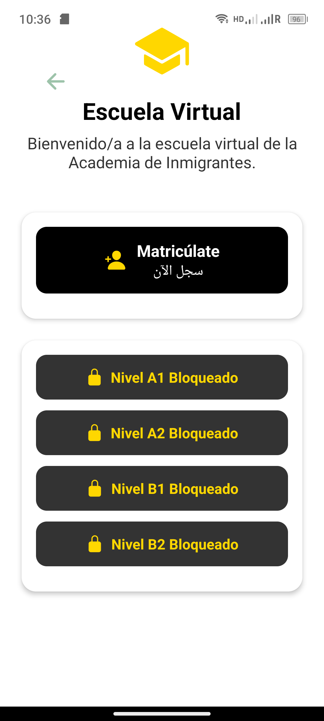 Pantalla de la escuela virtual en la app